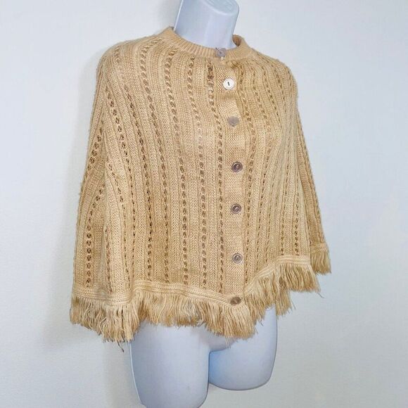 Womens Sweater Poncho OS Beige Sleeveless Cable Knit Fringe One Size - Picture 5 of 9